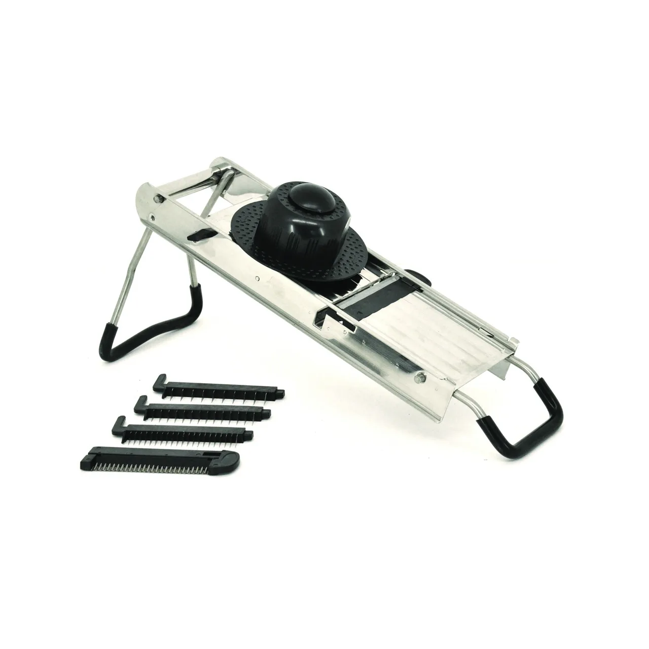 Omcan USA 13659 Mandoline Slicer – 5‑Blade Set, ½” Adjustable Thickness, 18/10 SS Frame & Blades, Pusher, Rubber Feet