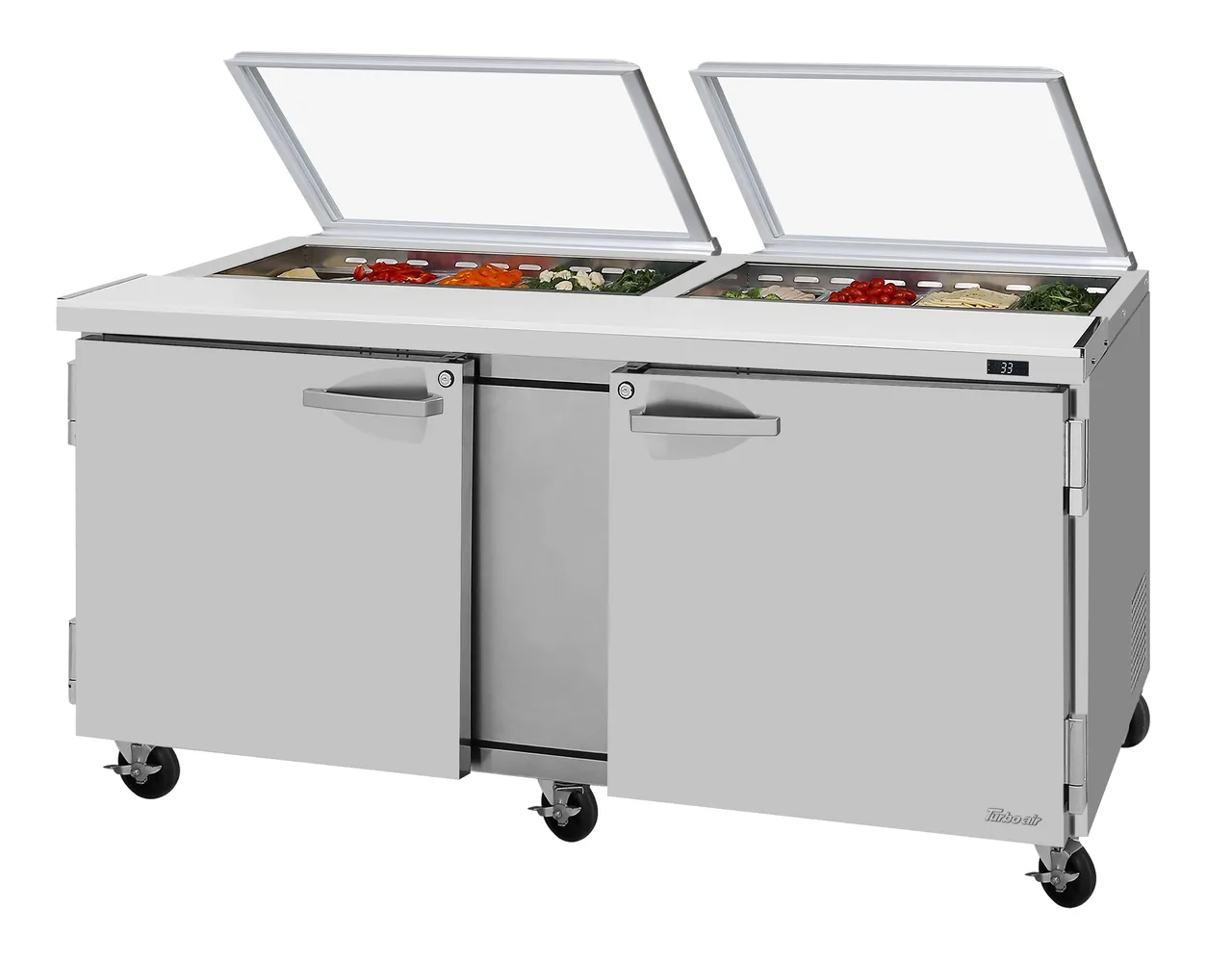 Turbo Air PST-72-N-GL 72" 2-Door Sandwich and Salad Prep Table, 18 Pans, Stainless Steel