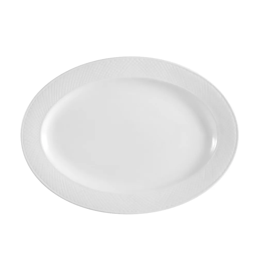 CAC China BST-14 Platter, 12-1/2" L x 8-3/4" W x 1-1/4" H, Embossed Rim, White Porcelain - Dozen