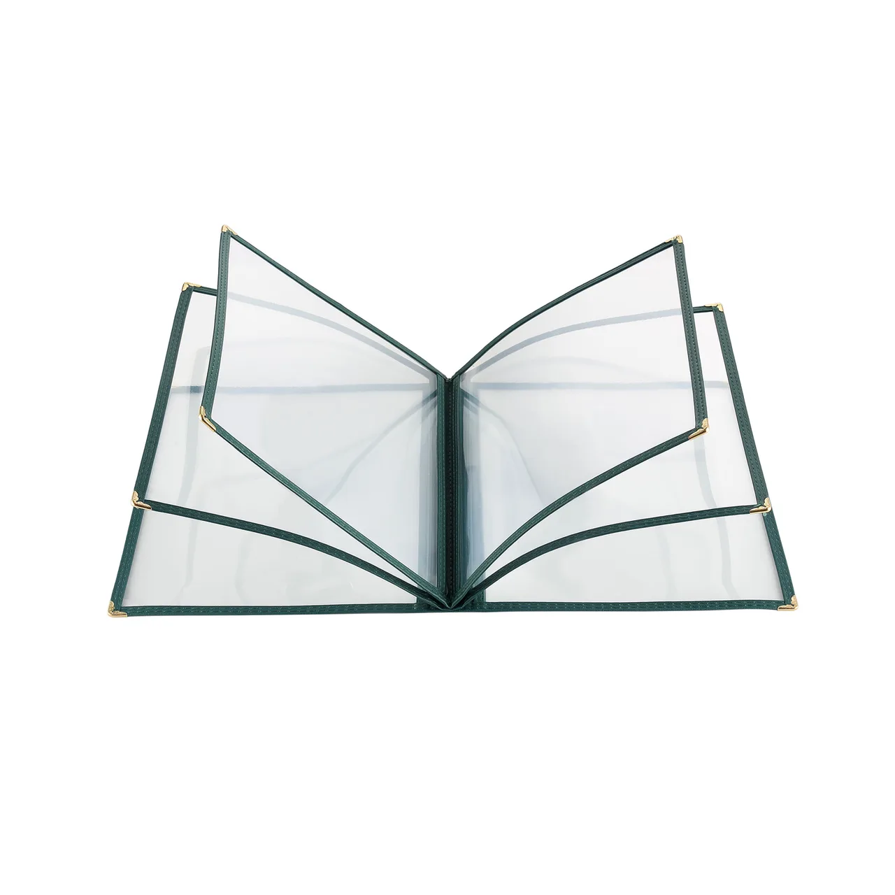 CAC China MCP6-911GN Menu Cover, 6-Pocket, 8½" x 11" Green Trim, Brass Corners, Double‑Sided View