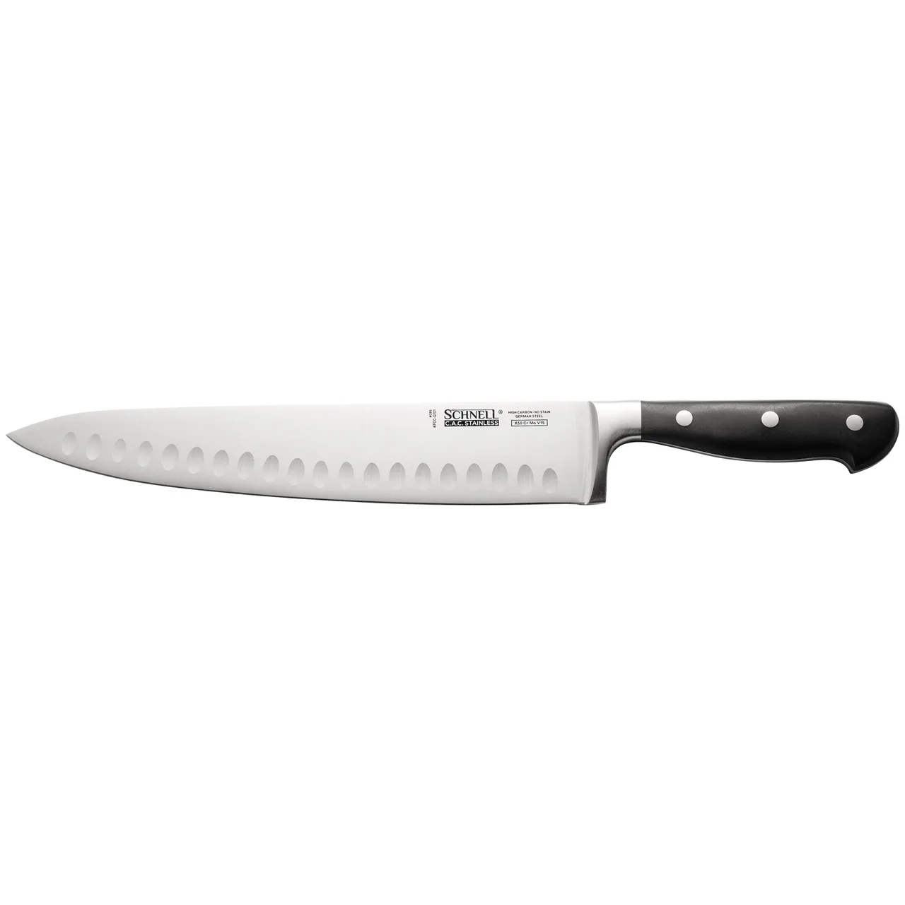CAC China KFCC-G101 Chef Knife, 10" Granton Edge, Forged Tang, Carbon Steel, Black Handle