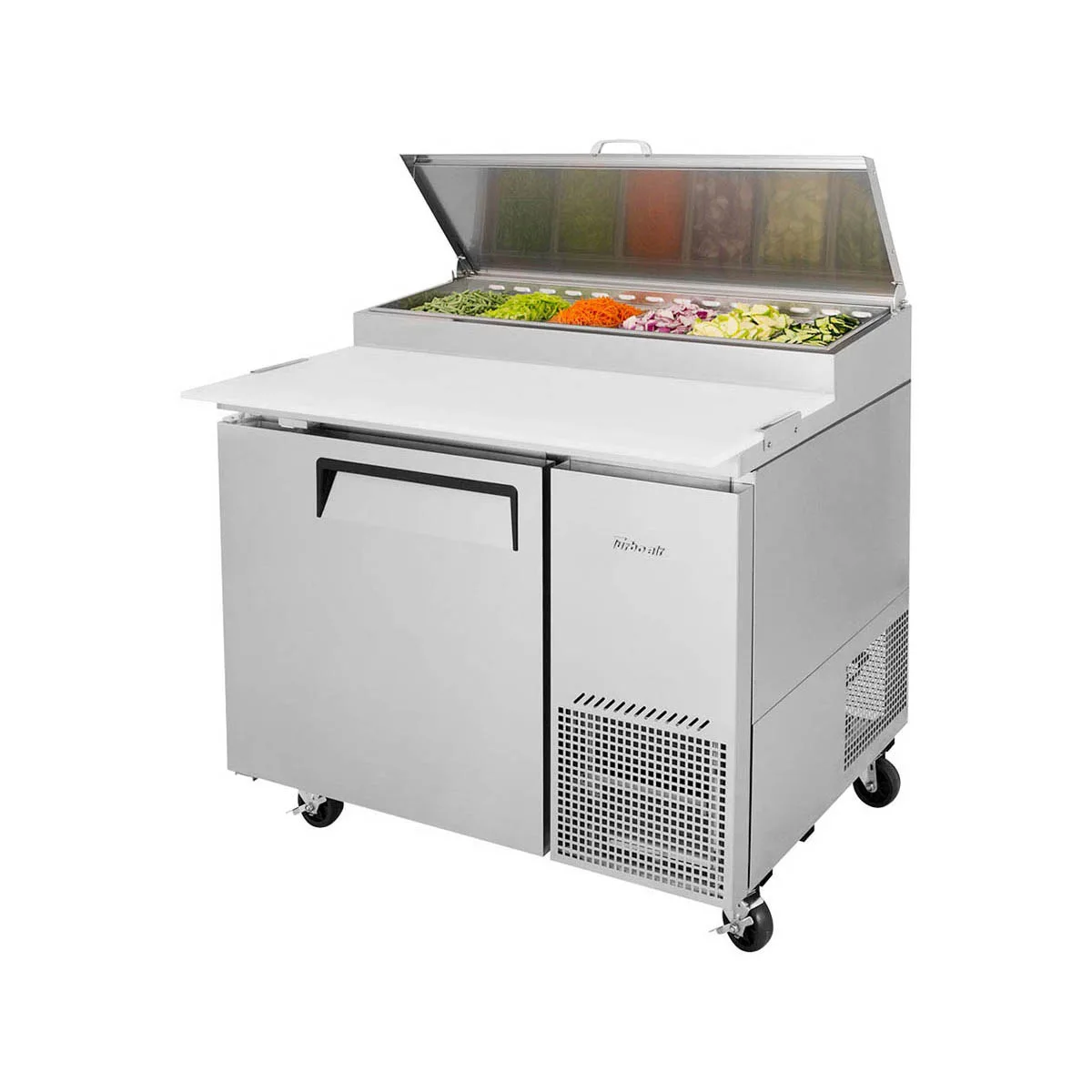 Turbo Air TPR-44SD-N 44" 1 Door Refrigerated Pizza Prep Table, 6 Condiment Pan, 14 cu. ft.