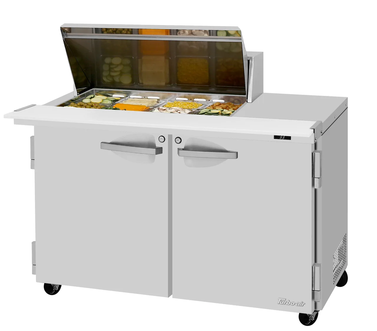 Turbo Air PST-48-12M-N(-LW) 48" 2-Door Mega Top Sandwich and Salad Prep Table, 12 Pans, Stainless Steel