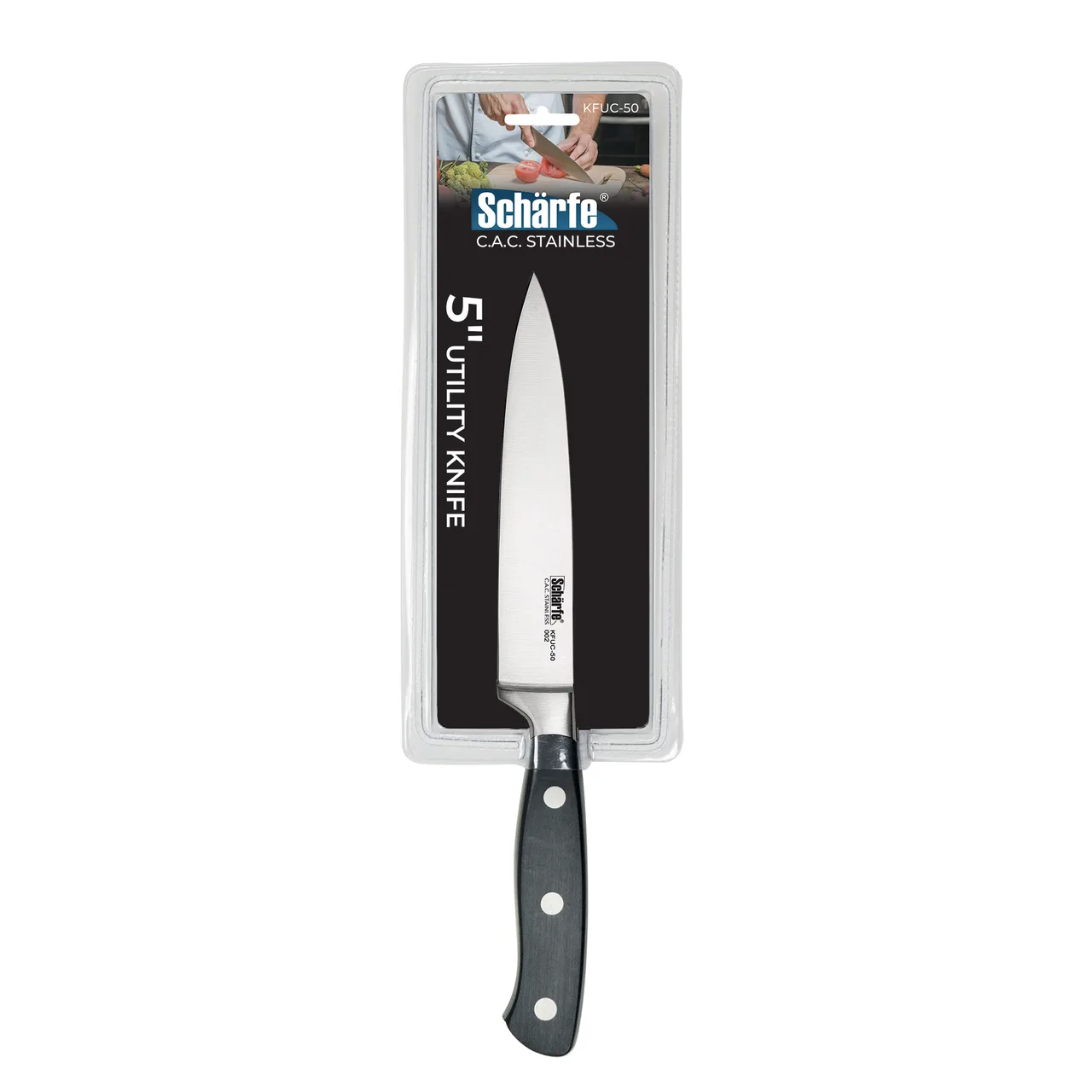 CAC China KFUC-50 Scharfe Utility Knife, 5" High-Carbon Steel, Ice-Tempered, Black Handle