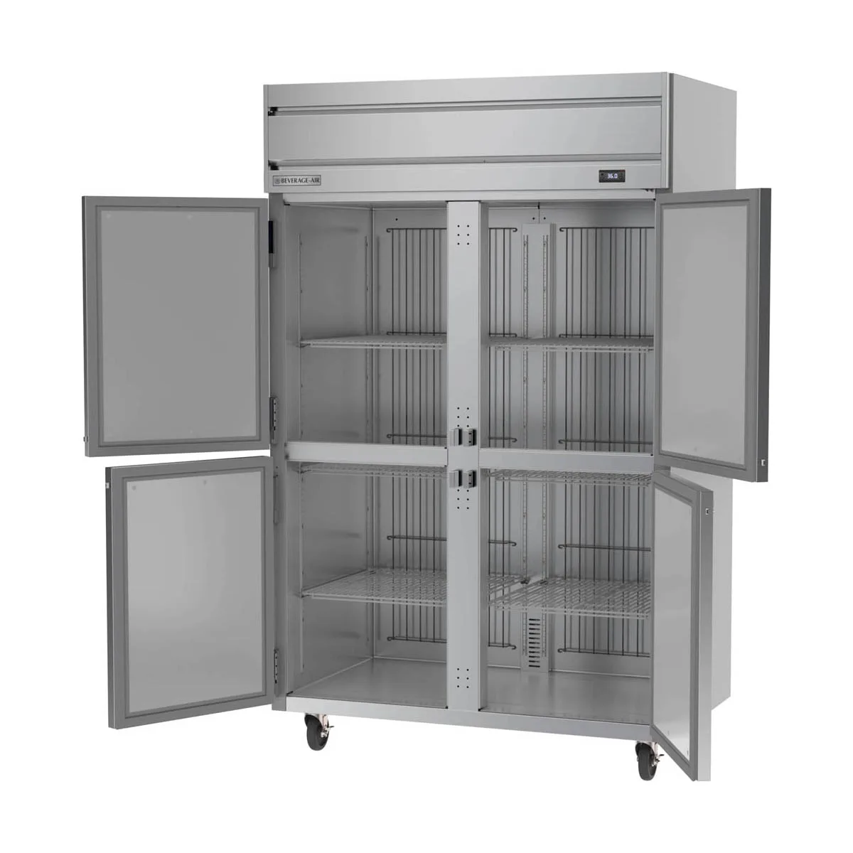 Beverage Air HRS2HC-1HS 52" 2-Section Reach-In Refrigerator w/ 4 Solid Half Doors, Top Mounted, 1/3 hp, 47 cu. ft.