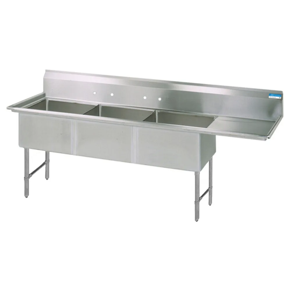 BK Resources BKS6-3-24-14-24RS 100" Three Compartment Sink, 24"W x 24"L Bowl w/Right-Hand Drainboard