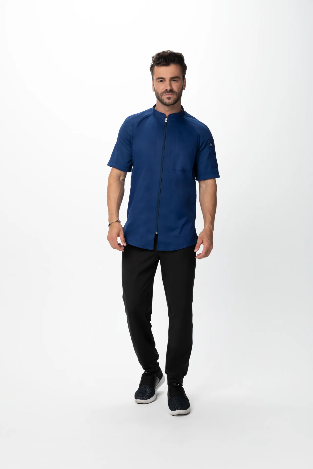 Chef Works CBZ04-OCB-2XL Arcadia Chef Coat, Short Sleeve, Zipper, Thermo Pocket, Lining, Blue, 2XL