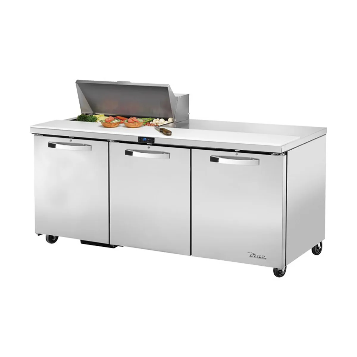 True TSSU-72-08-HC~SPEC3 72" Three Section Sandwich / Salad Prep Table w/ 3 Doors, 8 Pans