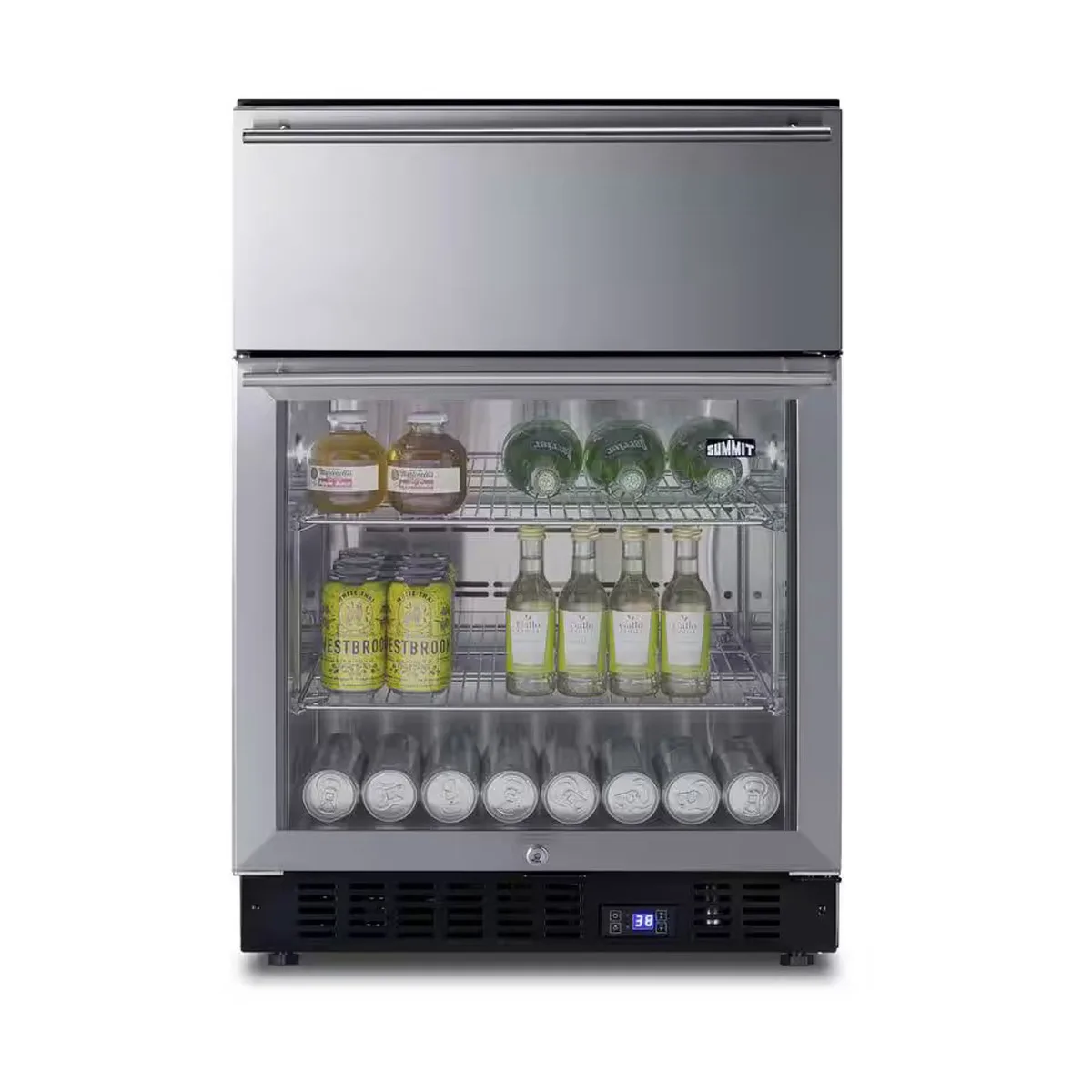 Summit SCR615TD 24" Built-in Glass Door Undercounter Refrigerator in Black, w/ 1 Stainless Steel Drawer, 4.8 cu. ft.