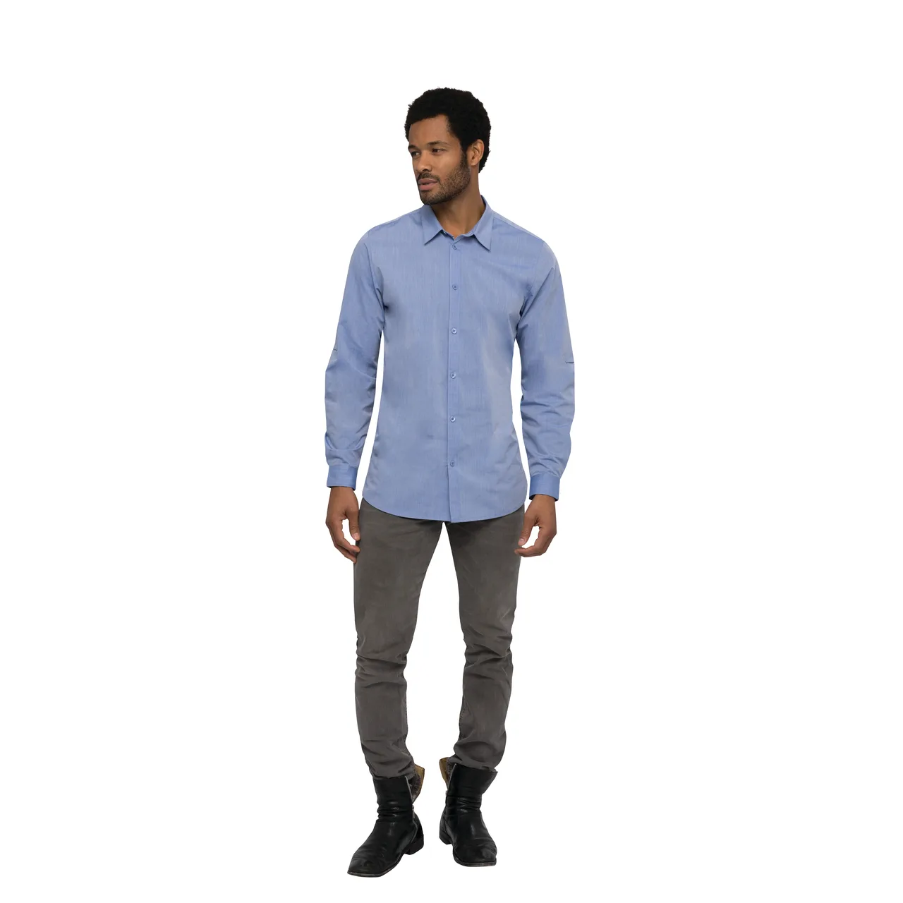 Chef Works SHC06-BLU-2XL Men's Chambray Dress Shirt, 2XL, 65/35 Poly/Cotton, Blue, Roll‑up Sleeves