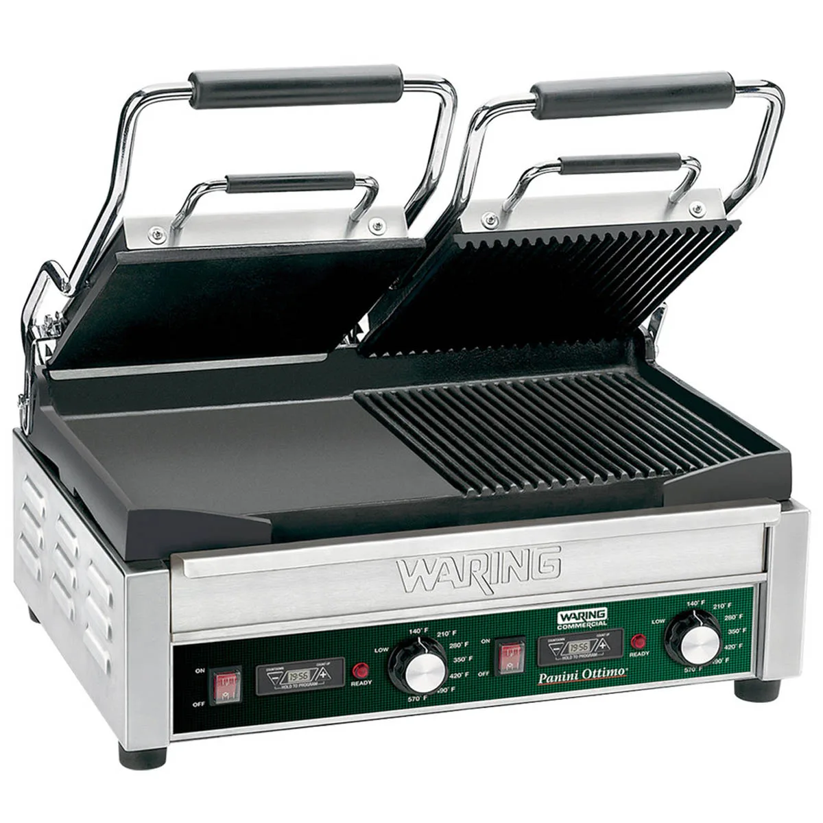 Waring WDG300T Double Cast Iron Sandwich Panini Grill w/ Timer, Smooth & Grooved Plates, 240V