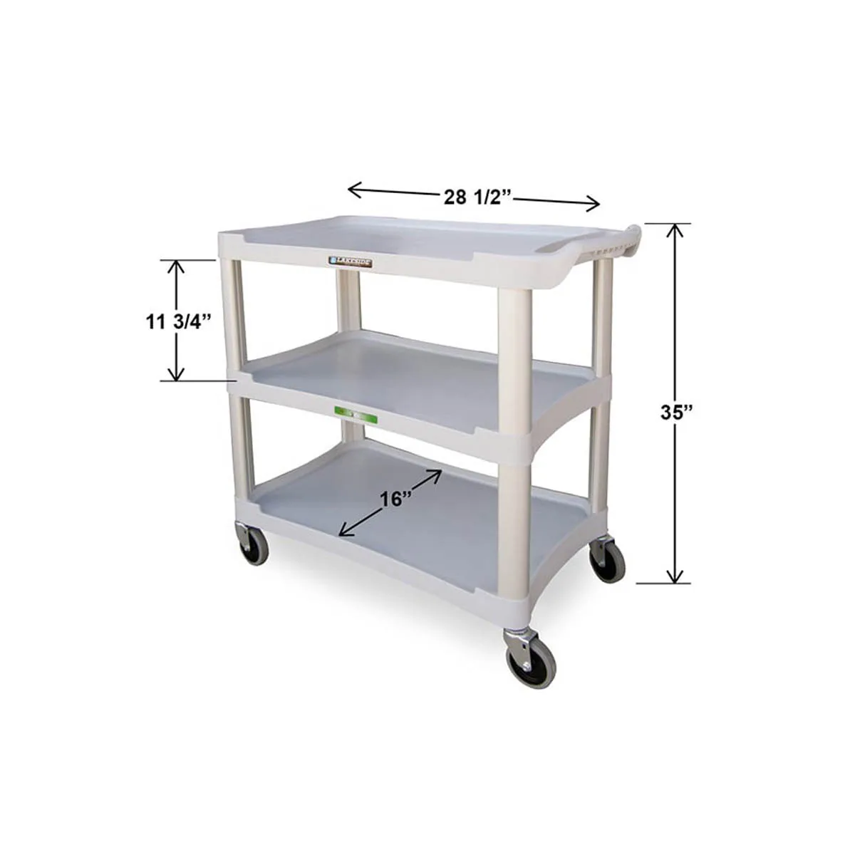 Lakeside 2501 Gray Plastic 3 Shelf Bus / Utility Cart - 36"Wx18.5"D x 35"H