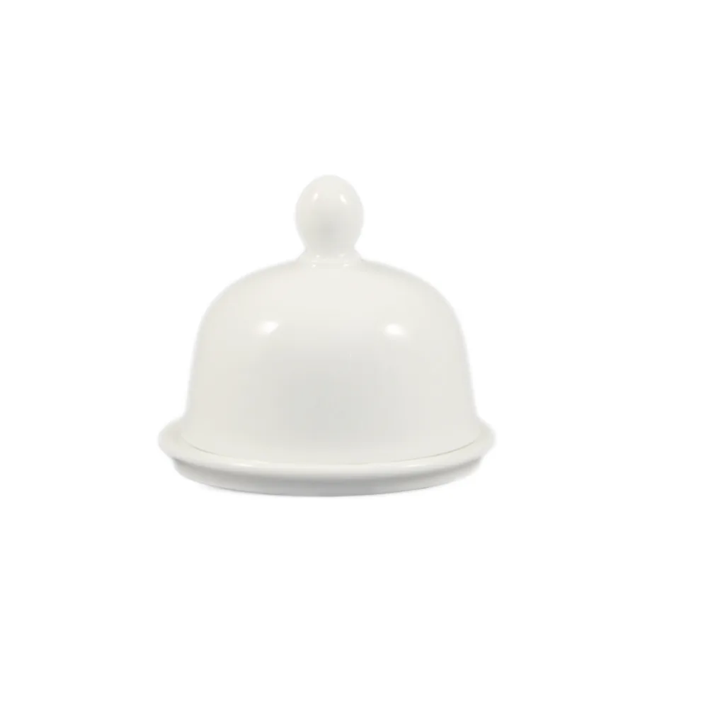 CAC China BUT-1 Butter Dish Set, 1 Oz 3‑1/2" Dia x 3" H Round Porcelain White, Dishwasher Safe - Set