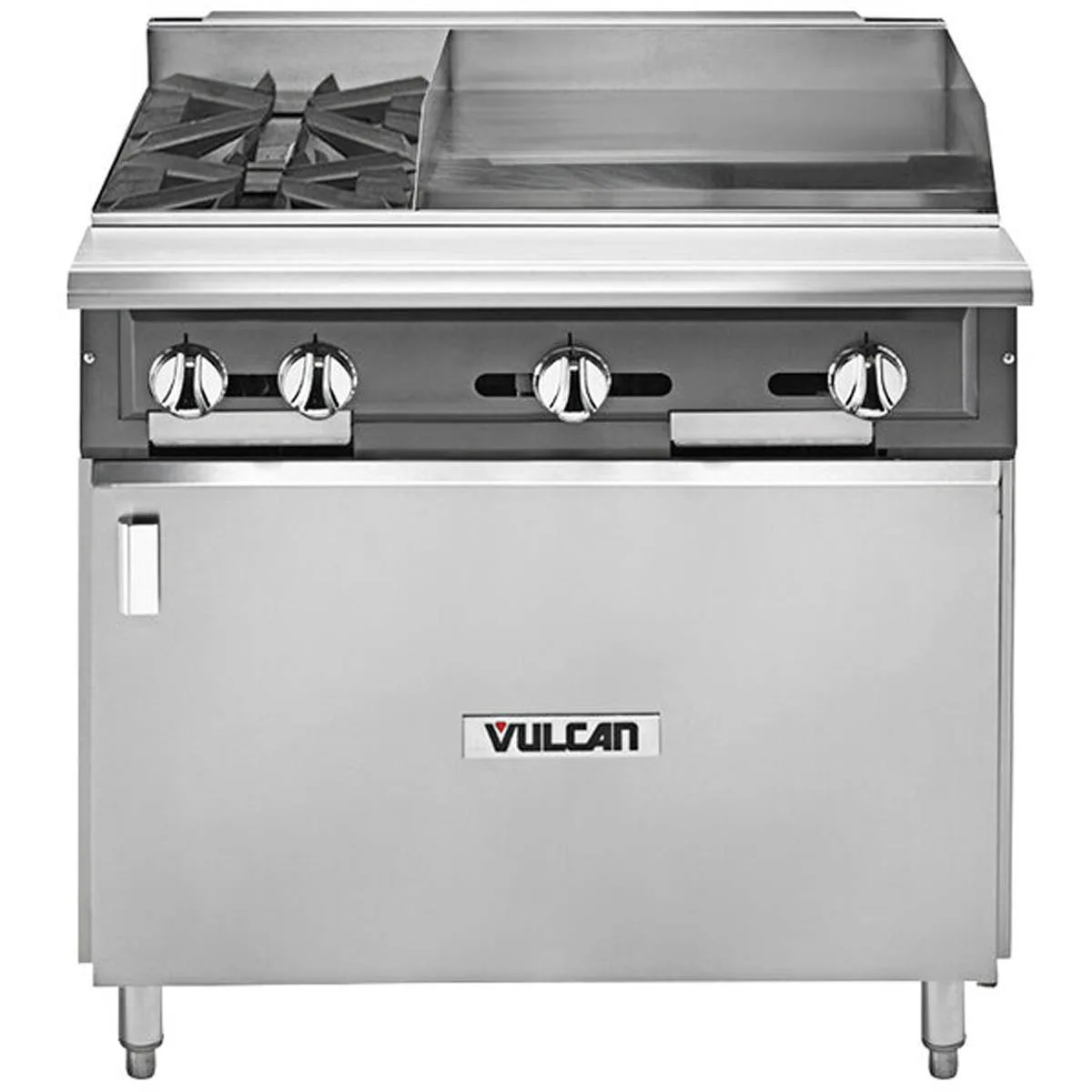 Vulcan V2BG4TB 36" Gas Heavy Duty Range w/ (2) Open Burners, 24" Griddle Right w/ Thermostatic Controls, (1) Cabinet Base, 130.000 BTU