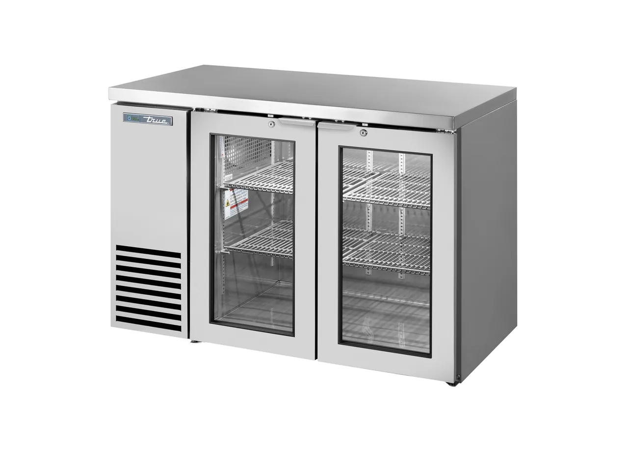 True TBB24-48-2G-Z1-SFT-S-1 48" Two‑Section Cooler, 76 6‑Pack 12oz Cans, Glass Doors, SS, R290, USA