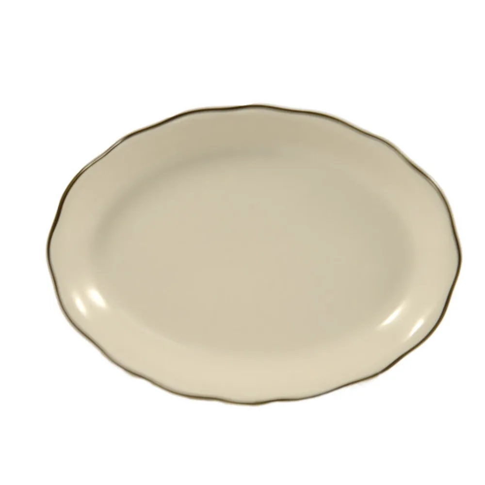 CAC China SC-14B Platter, 12-5/8" L x 9-1/4" W x 1-1/2" H, Ceramic, Black Band/White - Dozen