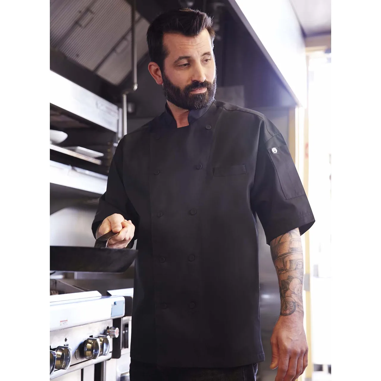 Chef Works EWCV-BLK-XL Palermo Executive Chef Coat, Black, XL, Poly/Cotton, Short Sleeve - 1/Box