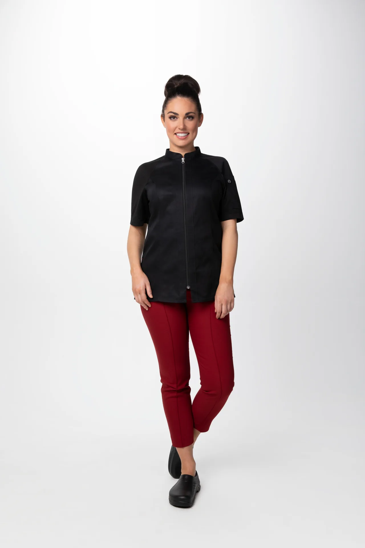 Chef Works CBZ04W-BLK-3XL Women’s Arcadia Chef Coat Black 3XL Raglan Short‑Sleeve Center Zipper