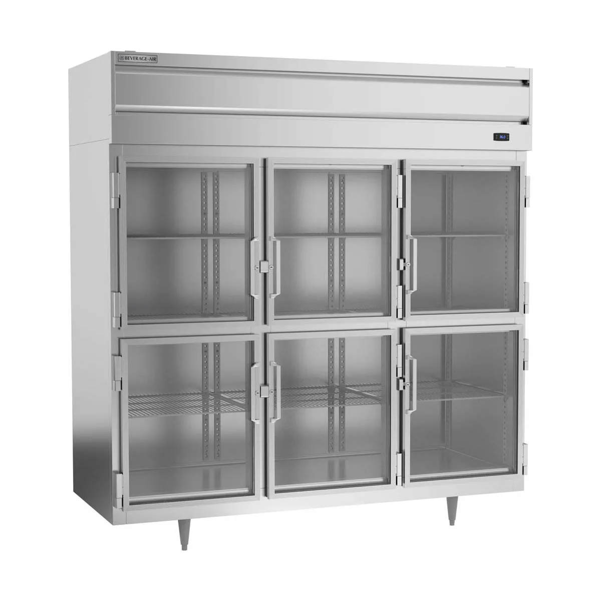 Beverage Air PR3HC-1BHG 77.75'' 3-Section Reach-In Refrigerator w/ 6 Glass Half Doors, Top Mounted, Aluminum Interior, 68 cu. ft.