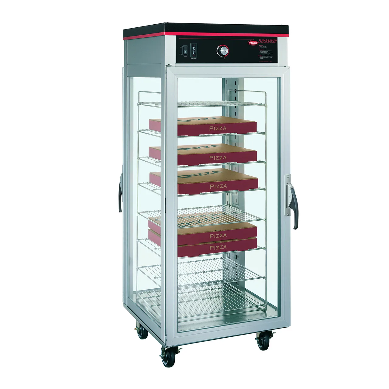 Hatco PFST-2X 2-Door Glass Pizza Holding Cabinet, 16 Pizza Capacity, 1767W Heater, 5" Casters