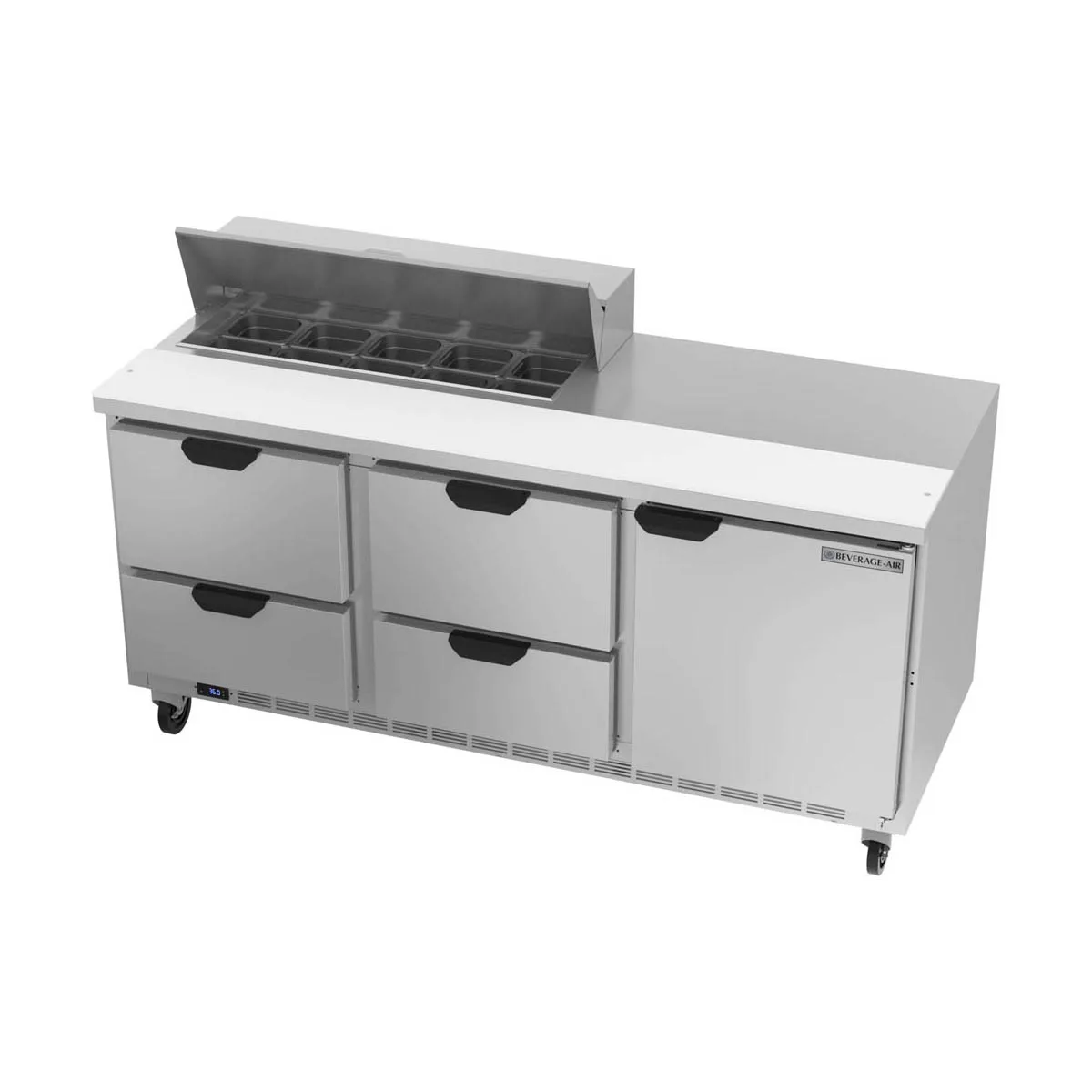 Beverage Air SPED72HC-10-4 72" Three Section Sandwich/Salad Prep Table w/ 4 Drawers & 1 Door, 10 Pans