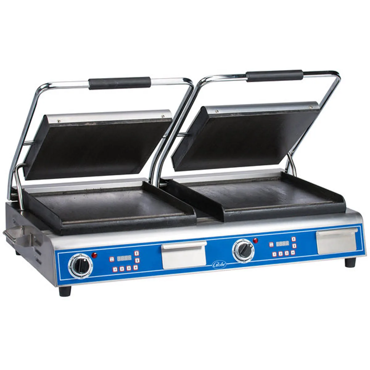 Globe GSGDUE14D Double Sandwich Panini Grill w/ Timer, 14" x 14" Smooth Plates, 208/240V