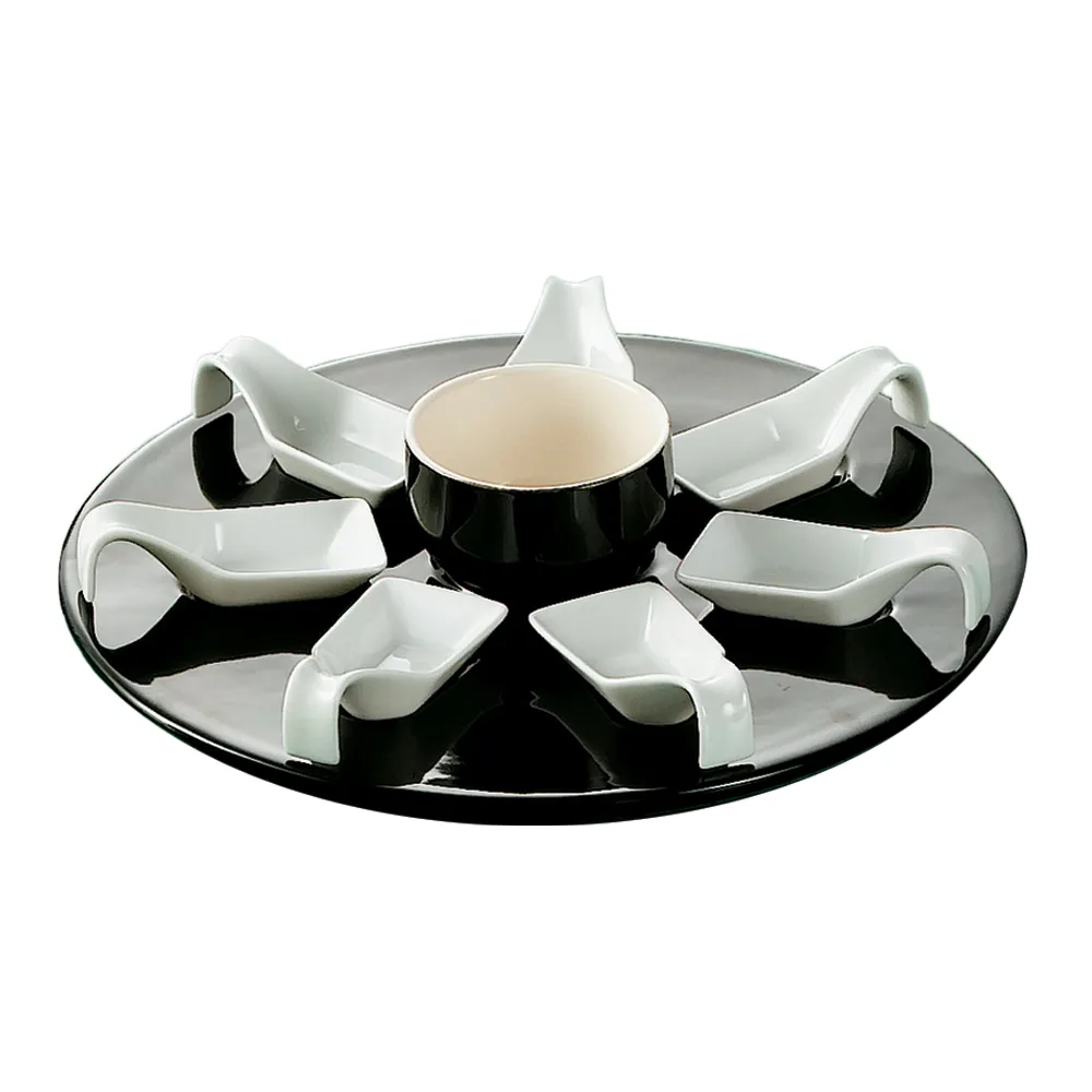 CAC China PTP-23-BLK Spoon Set, 7 Half‑Oz Spoons, 7‑Oz Bowl, 12‑Inch Tray, Black, Safe - Set