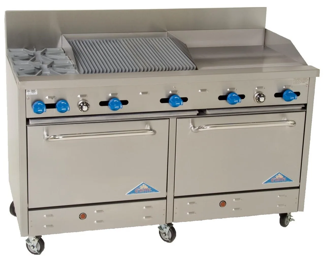 Comstock-Castle F3226-30-1.5RB 60" Gas Restaurant Range w/ (2) Open Burners, (1) 30" Griddle, (1) 18" Charbroiler, (2) Standard Ovens, 226.000 BTU