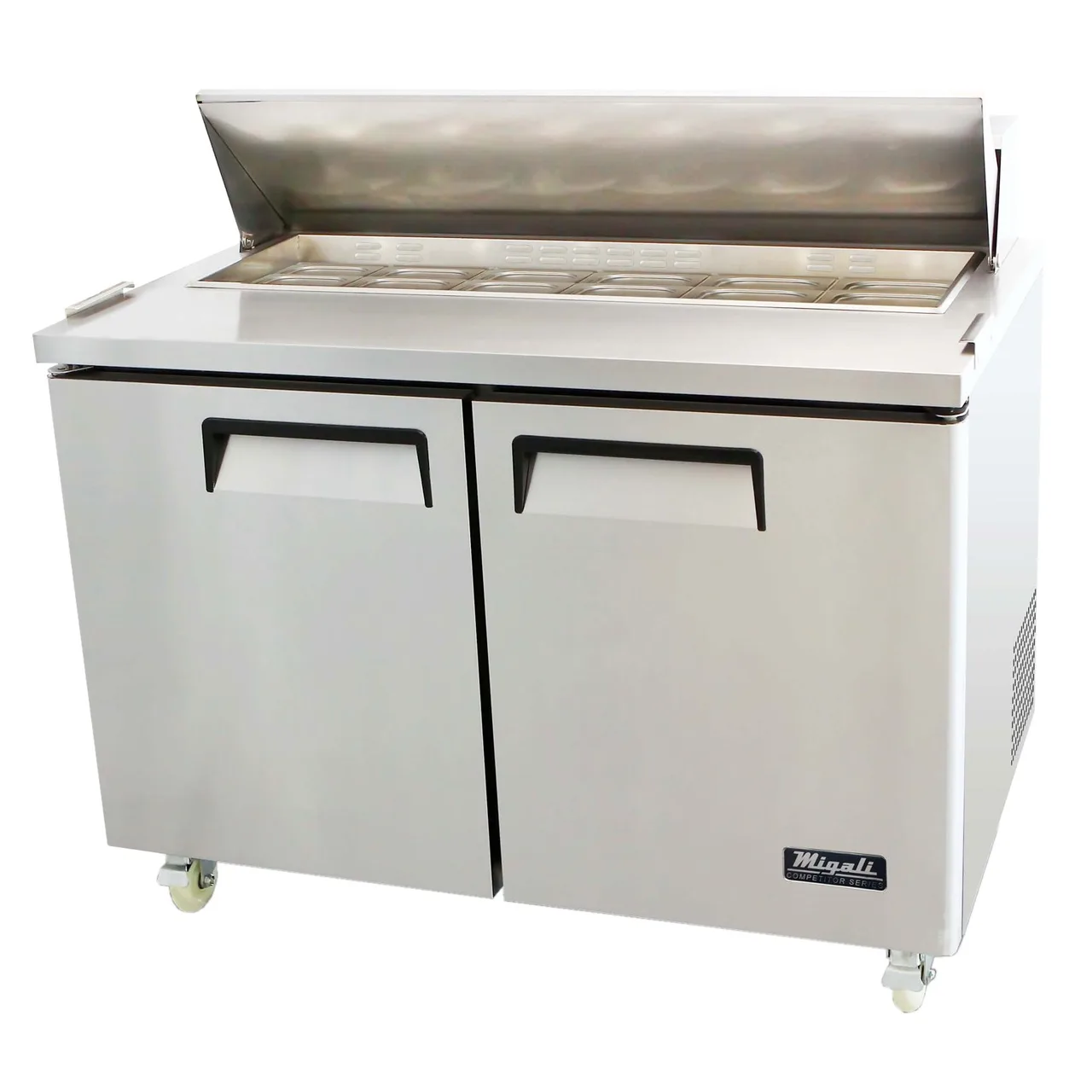 Migali C-SP48-12-HC 48" Two Section Sandwich/Salad Prep Table w/ 2 Doors, 12 Pans