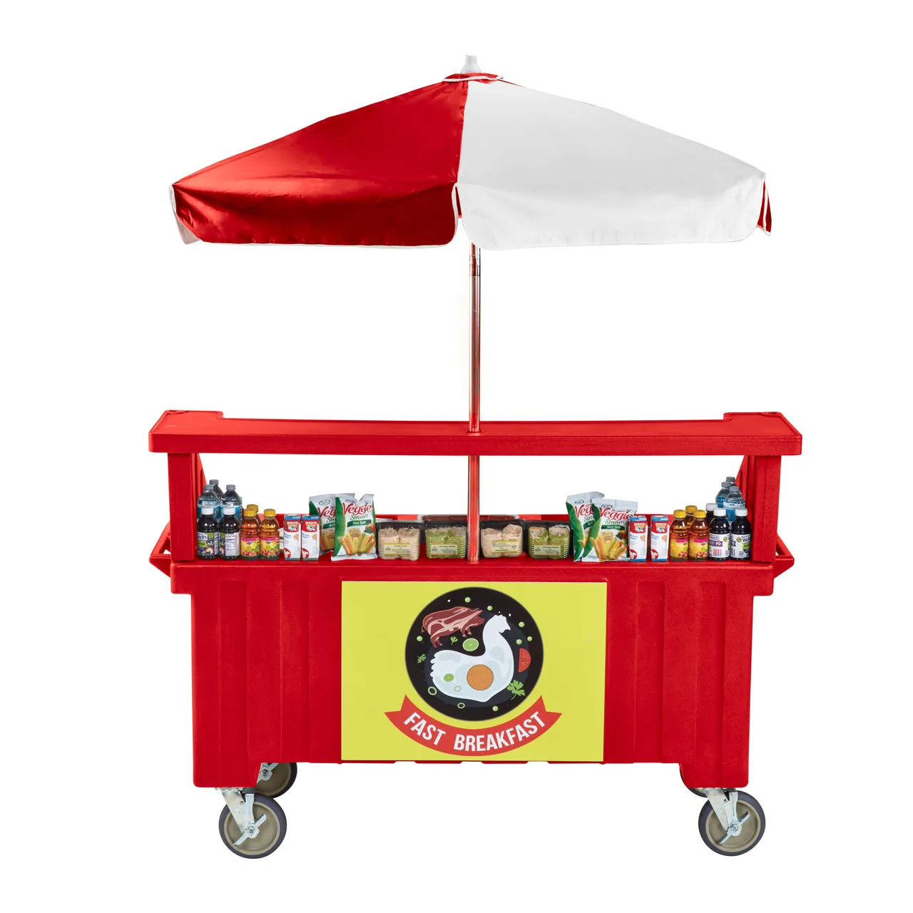 Cambro CVC72158 Camcruiser Hot Red Vending Cart w/ Umbrella, 3 Counter Wells, 3 Compartments