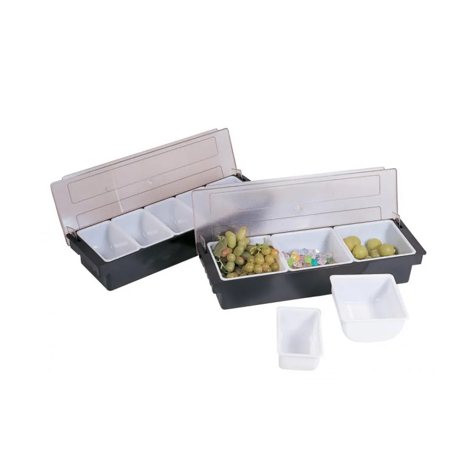 Omcan USA 80591 - 5-Compartment Black Condiment Bar, 20"W x 6"D x 3-1/2"H, ABS, Polypropylene Inserts