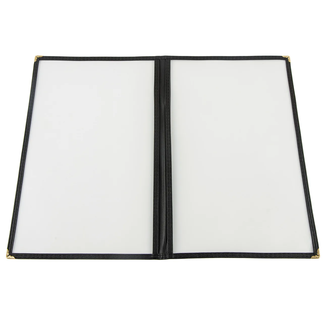 CAC China MCP2-914BK Menu Cover, 2-Pocket, 8½" x 14", Clear View, Brass Corners, Black Trim