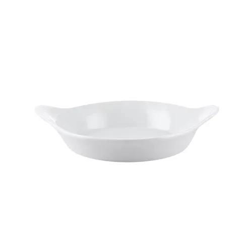 CAC China FHD-14 Round Au Gratin Dish, 106 oz, Super White Porcelain, French Handles, Dishwasher Safe