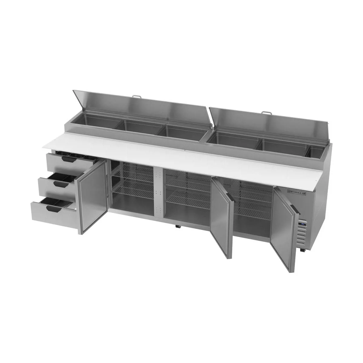 Beverage-Air DPD119HC-3 119" 4-Section Refrigerated Pizza Prep Table w/ 3 Doors & 3 Drawers