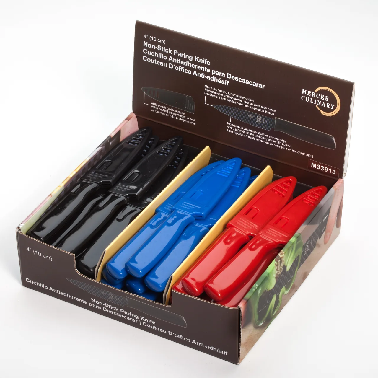 Mercer M33913 Paring Knife – 4" Spear‑Point, Non‑Stick HC Steel Blade, ABS, Black/Blue/Red, 12/Case