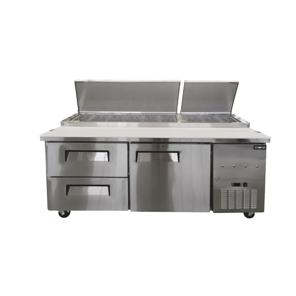 Omcan USA 49298 71” 2-Door Refrigerated Pizza Prep Table, 22 cu. ft., 9 Pans