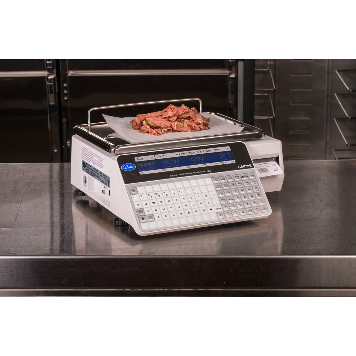Globe GSP30B Label Scale – 30 lb, .01 lb Accuracy, 10"x14" Stainless Steel Platform, UL/NTEP Legal, Dual‑Side LCD