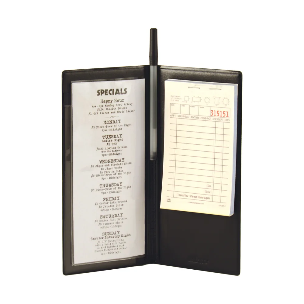 CAC China CKSV-5K Server Order Book, 9" x 4-1/2" Black Check Presenter with Four Pockets