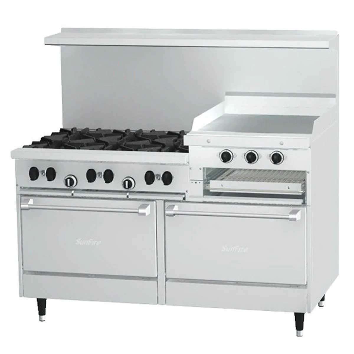 Garland US Range X60-6R24RR 60" Gas Restaurant Range, (6) Open Burners, 24" Raised Griddle/Broiler, (2) Standard Ovens, 279.000 BTU