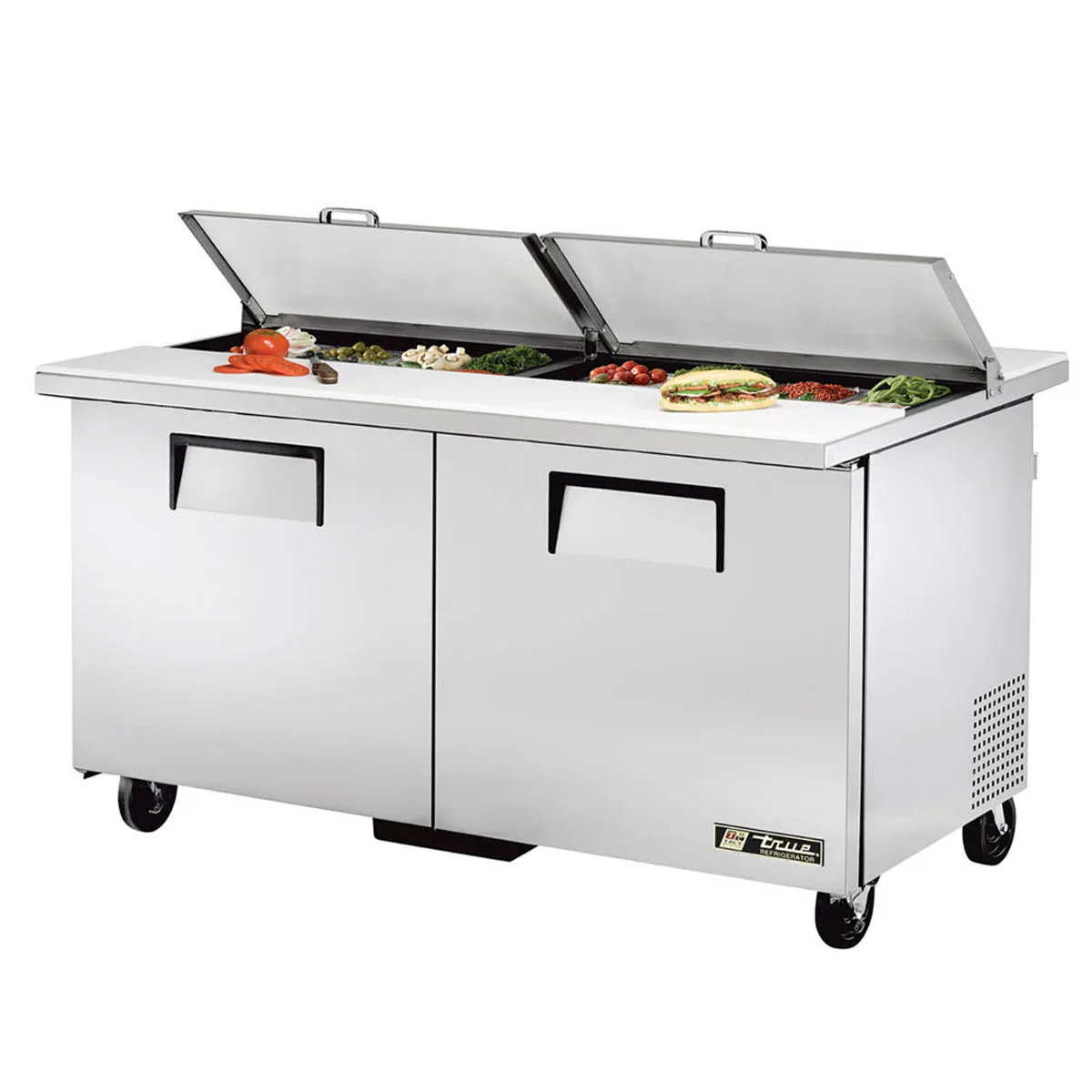 True TSSU-60-16-DS-ST-HC 60" Two Section Sandwich / Salad Prep Table w/ 2 Doors, 16 Pans