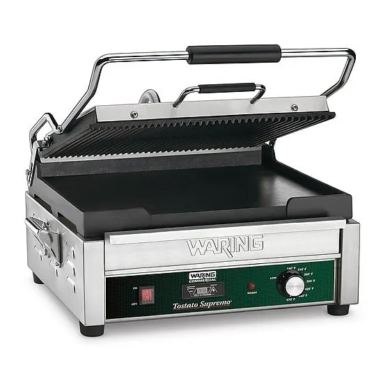 Waring WDG250T Single Cast Iron Sandwich Panini Grill w/ Timer, 14.5" x 11" Grooved Plates, 120V