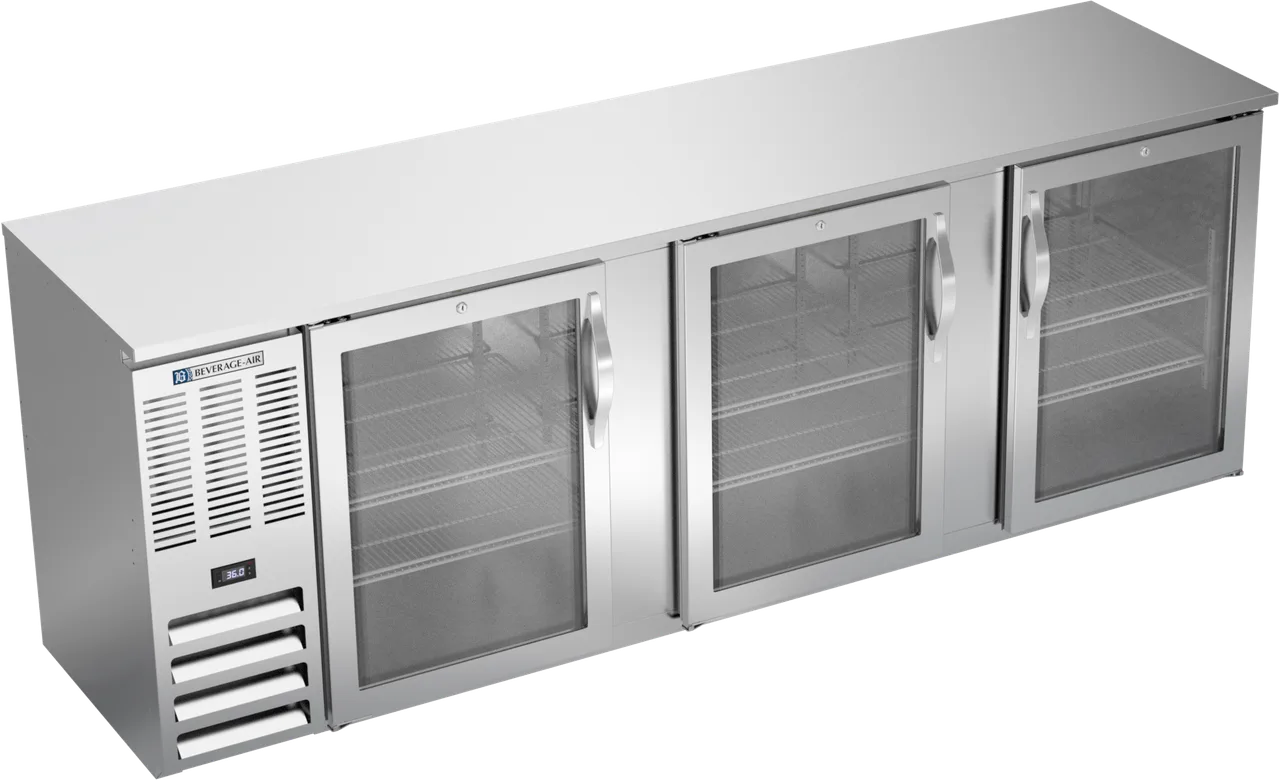 Beverage Air BBN94HC-G-S Back Bar Cooler, 94" W, 27.2 cu ft, 3 Glass Doors, Steel, R290, 1/3HP115V