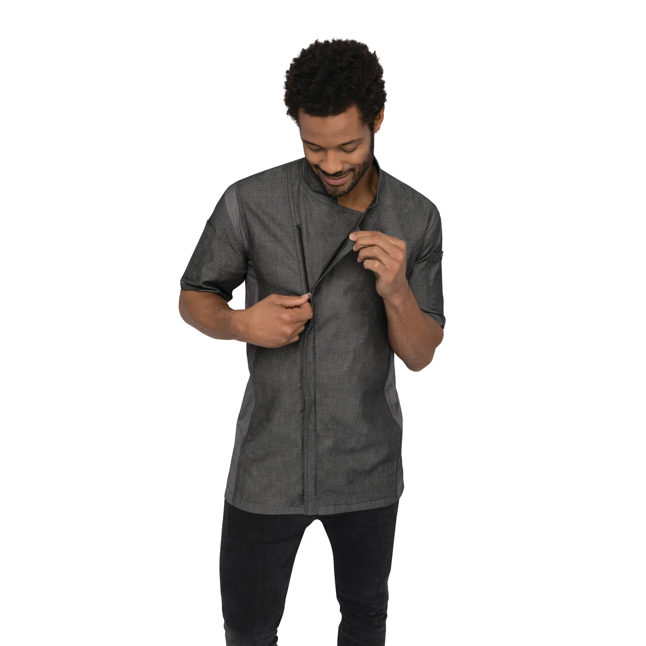 Chef Works CEZ01-BLK-L Delancey Chef Coat, Large Black Cotton Denim, 2‑Way Zipper, Apron Snap