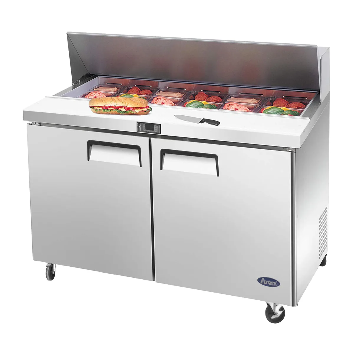 Atosa USA MSF8302GR 48“ Two Section Sandwich/Salad Prep Table w/ 2 Doors, 12 Pans, 13.4 cu. ft.