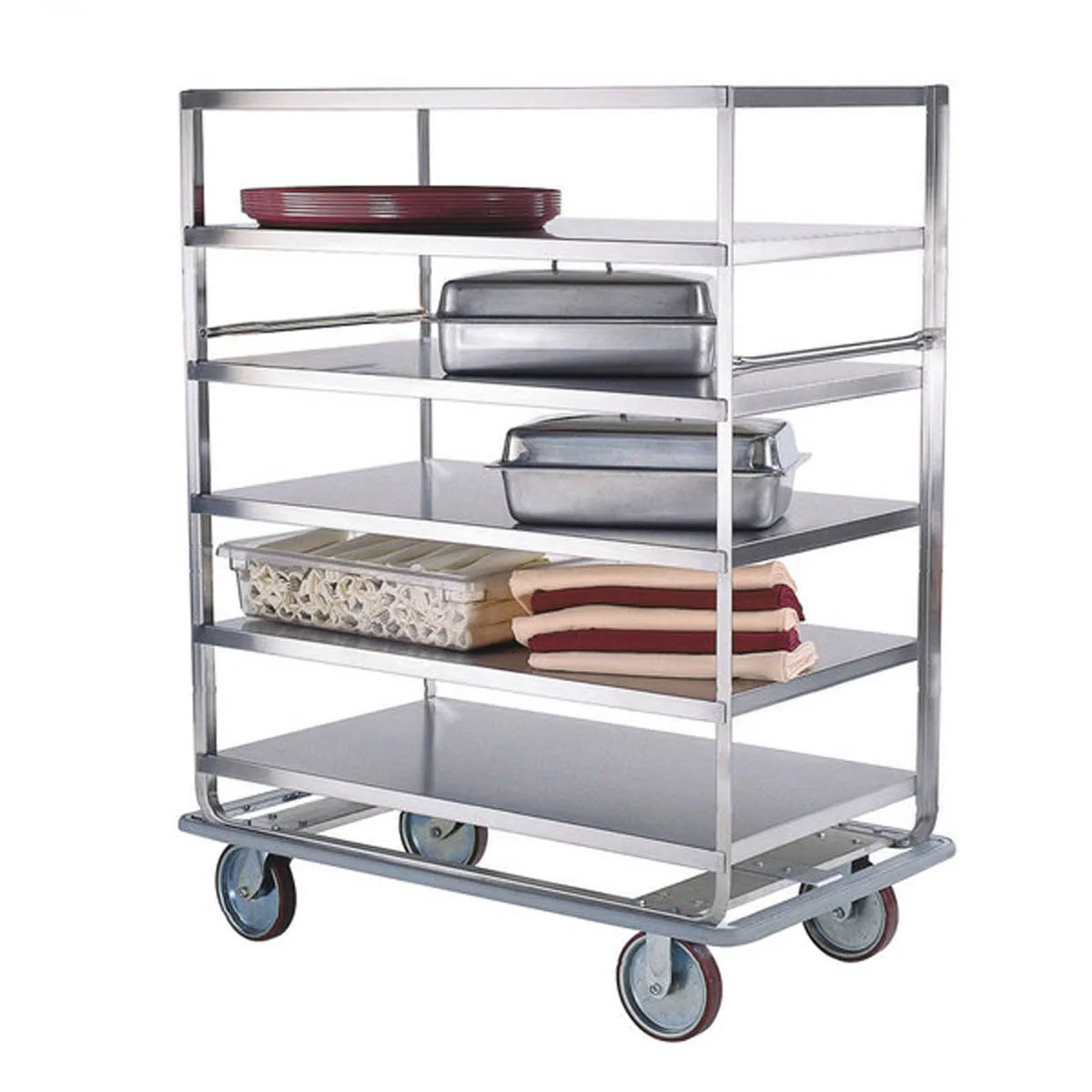 Lakeside 566 Stainless Steel Queen Mary Banquet Cart w/ 5 Shelves, 3 Edges Up, 1 Down