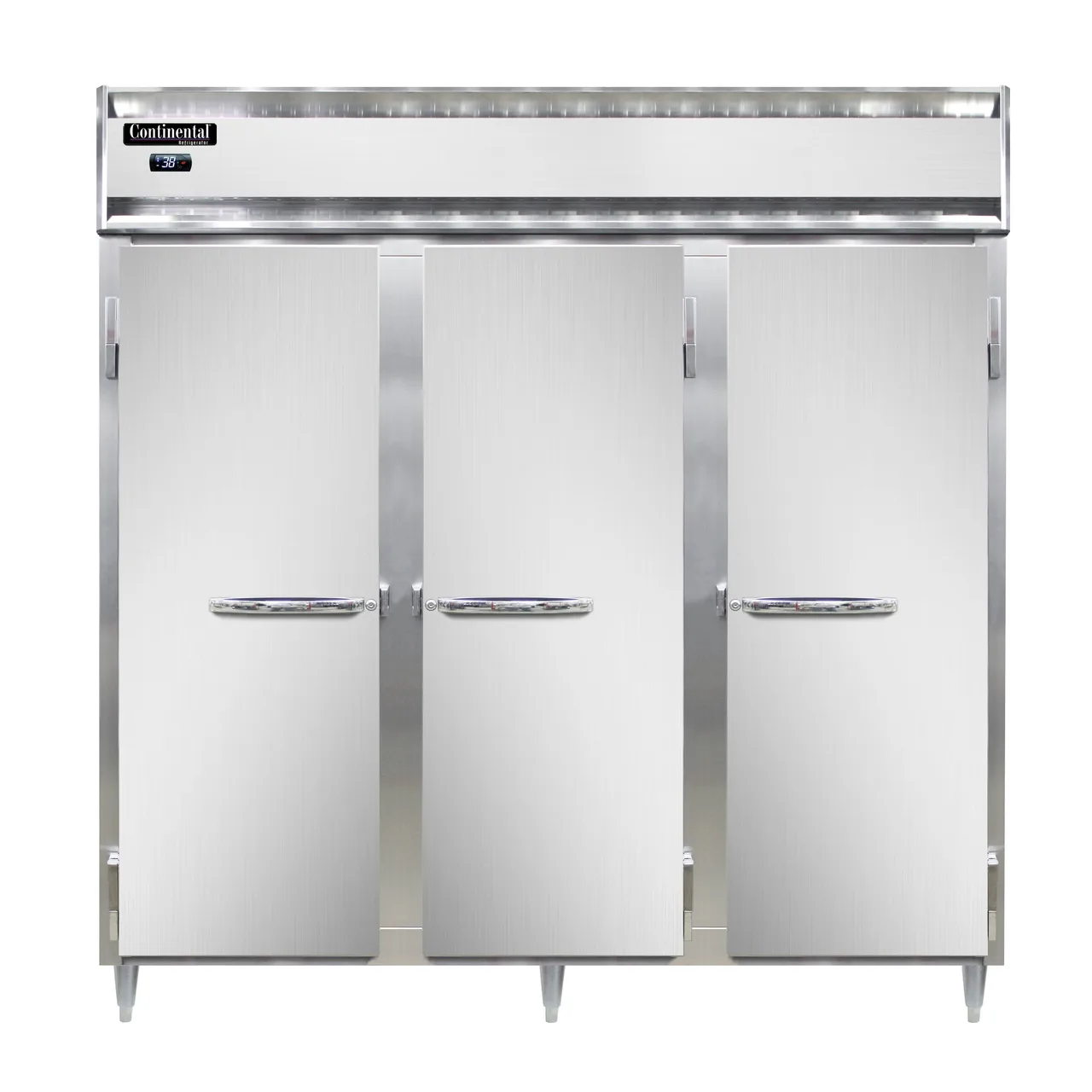 Continental Refrigerator DL3RNPT 78" 3-Section Pass-Thru Refrigerator w/ 6 Solid Doors, Stainless Steel Front Aluminum Ends, 72 cu. ft.