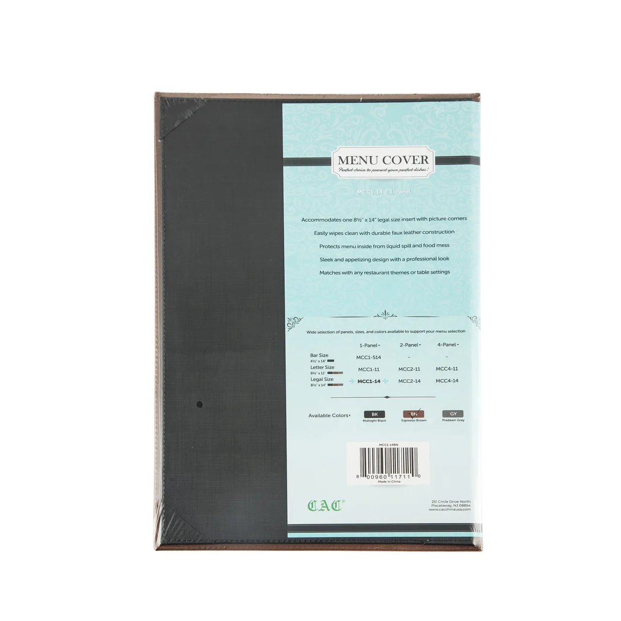 CAC China MCC1-14BN Menu Cover - 8-1/2" x 14" Legal Size Faux Leather Brown Booklet Style
