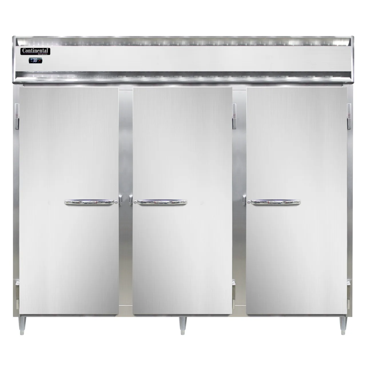 Continental Refrigerator DL3RENPT 86" 3-Section Pass-Thru Refrigerator w/ 6 Solid Doors, Stainless Steel Front Aluminum Ends, 75 cu. ft.