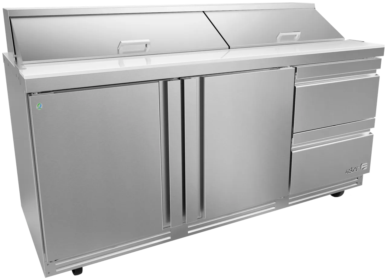 Asber APTS 72 18 D2 P 72" 3-Section Sandwich and Salad Prep Table, 2 Door & 2 Drawer, 18 Pans, Stainless Steel