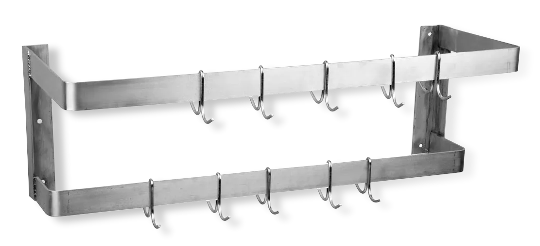 Steel Works SW-60 Stainless Steel Wall Mount Double Bar Pot Rack w/ (10) Double Hooks
